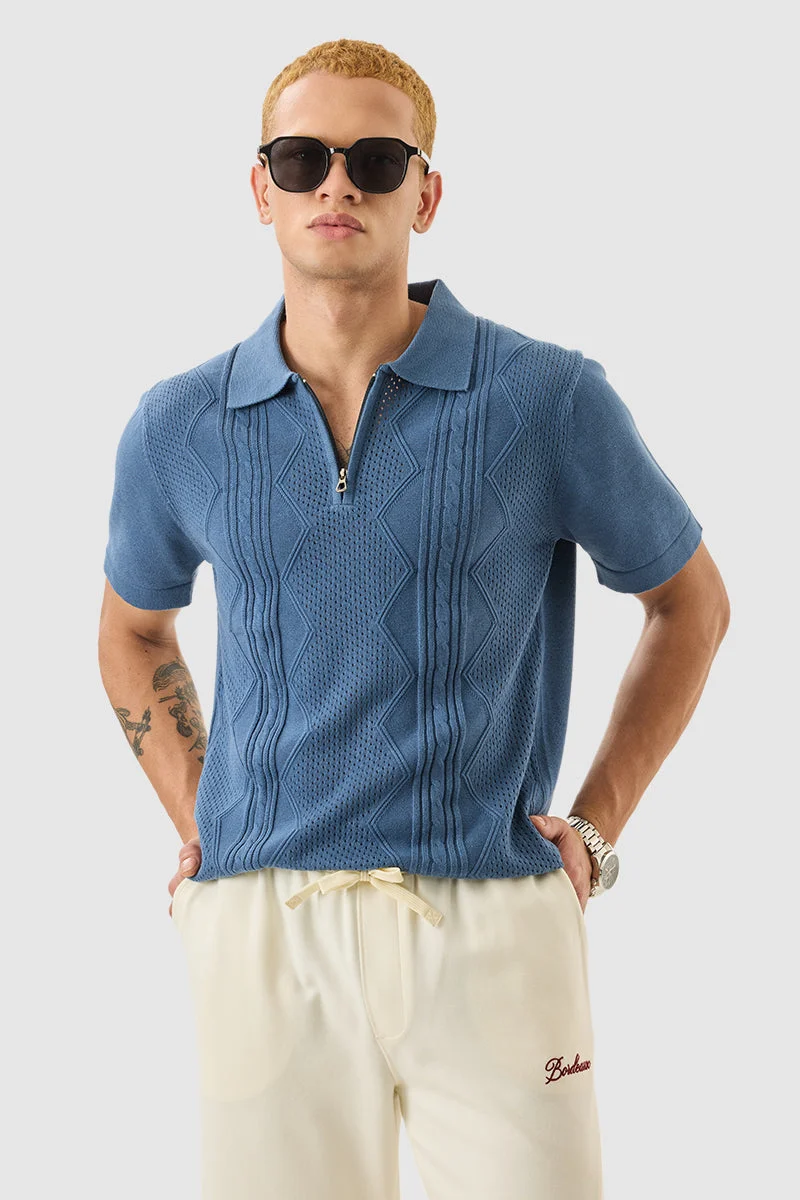 SNITCH Blue Textured Slim Fit Polo T-Shirt